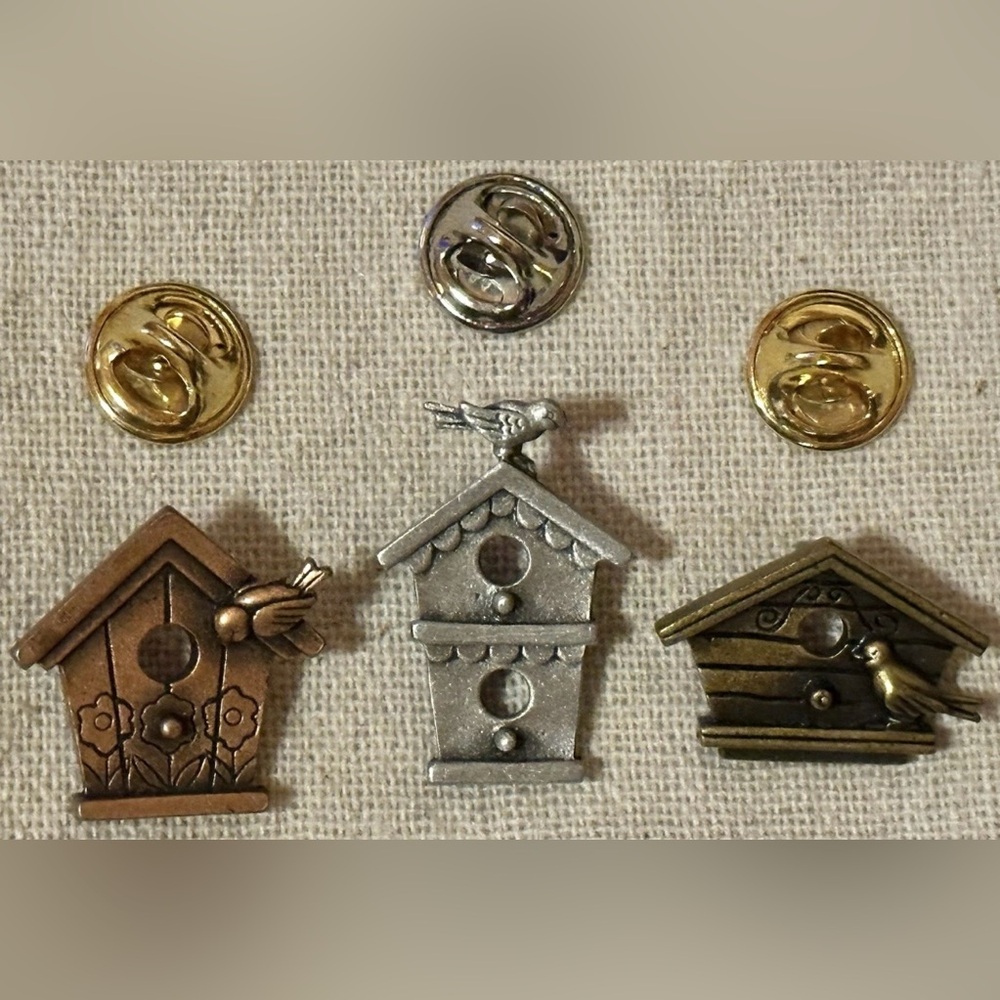 Vintage JJ Jonette Set of 3 Birdhouse Brooch Tac Pins-Silver, Gold, Bronze